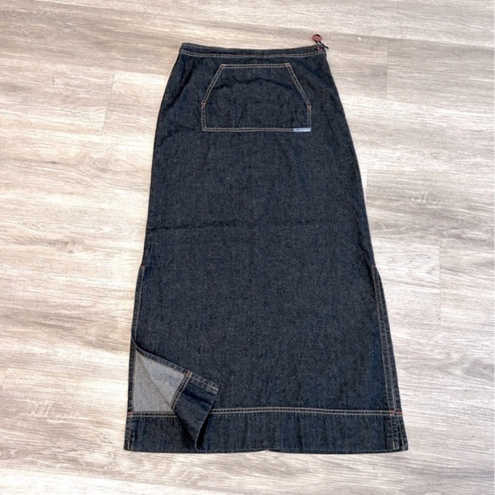 BLUENOTES JEANSWEAR long maxi denim jean skirt with side slits & front pocket.